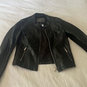 Black leather bomber coat